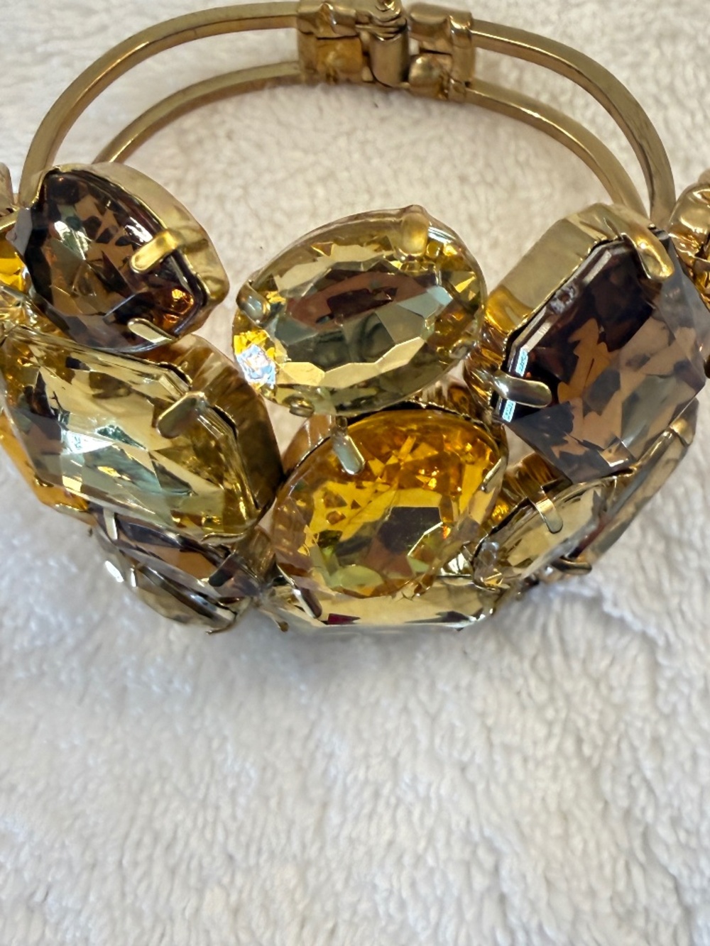 Statement Bling Clamper Bracelet Yellow Amber Citrine Golden Crystal Cabochons